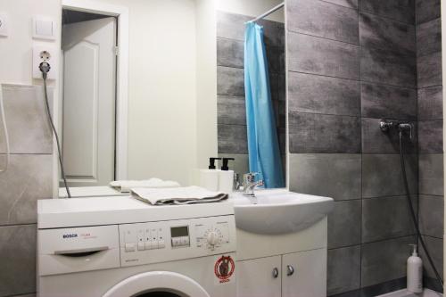 a bathroom with a washing machine and a sink at Varnu Apartment in Rīga