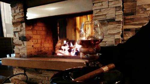 a glass of wine in front of a fireplace at Terra Hotel in Bansko
