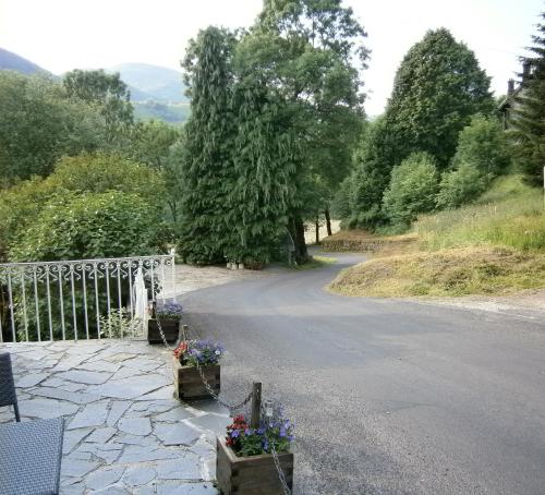 a road with a gate and potted flowers on it at Les Sources in Saint-Jacques-des-Blats