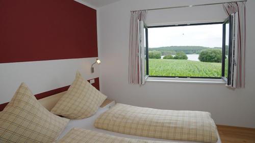 a bedroom with a bed with pillows and a window at Feriendomizil Carmen Hofmann in Absberg