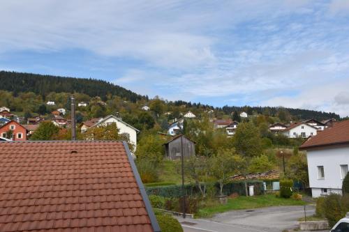 a view of a town with a red roof at Hotel Gai Relais in Gérardmer