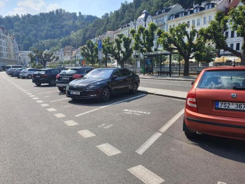a row of cars parked on the side of a street at Madonna Apartments in Karlovy Vary