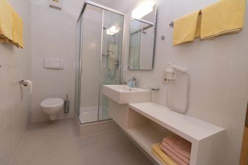 La salle de bains est pourvue d'un lavabo, d'une douche et de toilettes. dans l'établissement Stompferhof Familienapartment, à Caldaro