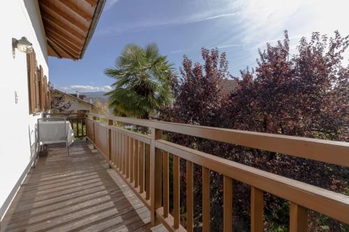 a balcony with a wooden railing and a palm tree at Stompferhof Familienapartment in Caldaro