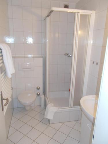 uma casa de banho com um chuveiro, um WC e um lavatório. em Nebelhorn Appartement 207 em Oberstdorf