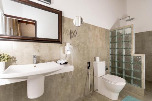 a bathroom with a sink and a toilet and a mirror at Villa Merak, Digana in Digana