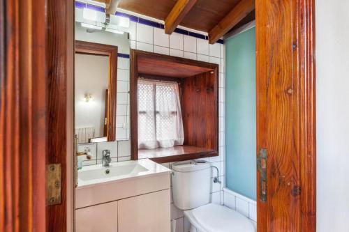y baño con aseo, lavabo y espejo. en Finca Los Viñedos Casa Rural en Tacoronte