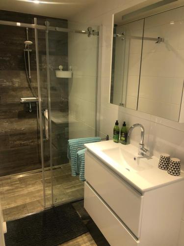 a bathroom with a sink and a glass shower at Mikasabeach in Zandvoort