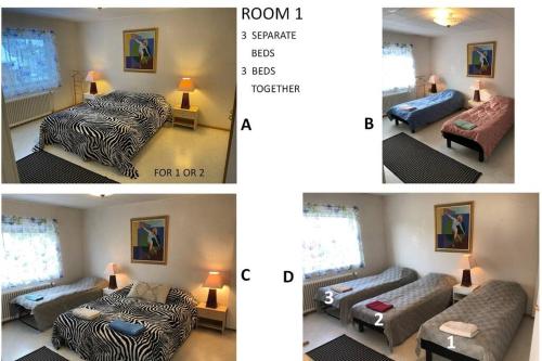 3 Bilder eines Zimmers mit einem Bett und einem Sofa in der Unterkunft Cosy 4 Big r+sauna house near communication+market in Vantaa