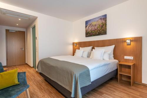 Habitación de hotel con cama y silla en Hotel Elysee en Seligenstadt
