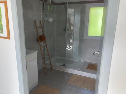 a shower with a glass door in a bathroom at Sitio Nathalie et Jos in Saint-Laurent-de-Carnols