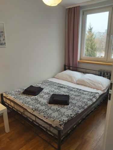 Cama en habitación con ventana en Apartament Turkusowy Ruciane-Nida en Ruciane-Nida