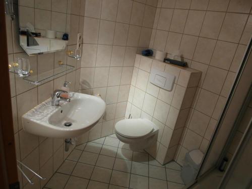 a bathroom with a toilet and a sink at Pension und Gaststätte "Zur Brauschänke" in Schöneck