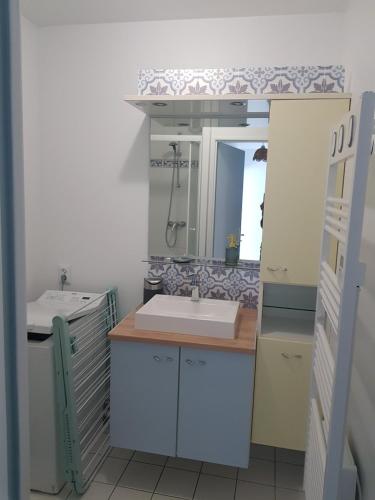 une petite salle de bain avec un lavabo et un miroir dans l'établissement RCh Parking 2 Ch Commerces Plage, à Berck-sur-Mer
