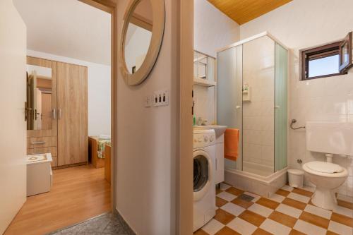 een badkamer met een wasmachine, een toilet en een wastafel bij Apartman Matea in Sveti Lovreč Pazenatički