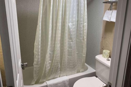 a bathroom with a shower curtain and a toilet at Super 8 by Wyndham Newport News in Newport News