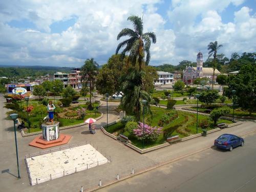 a park with a palm tree in a city at Hosteria El Paraiso de las Orquideas in Archidona