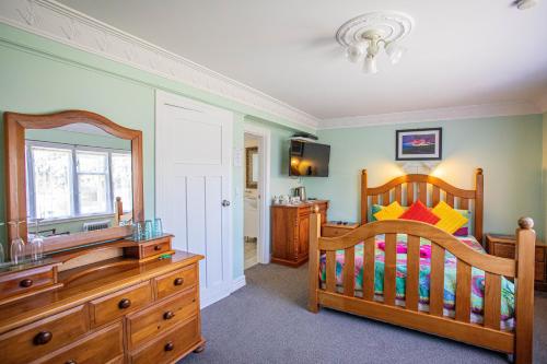 a childs bedroom with a crib and a mirror at Richmond Guest House in Wellington