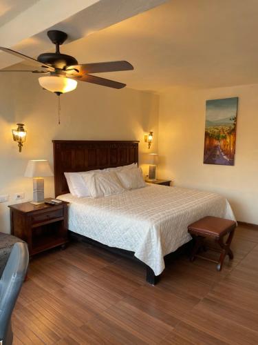 a bedroom with a bed and a ceiling fan at Hotel Casa San Miguel in San Miguel de Allende