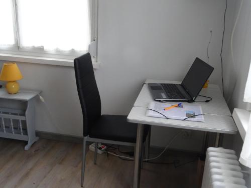 a desk with a laptop computer on top of it at Gîte du héron in La Wantzenau