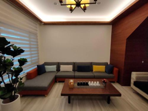 a living room with a couch and a coffee table at February Flower B&B in Dongshan