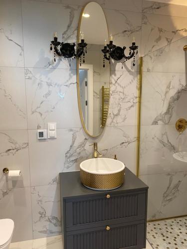 a bathroom with a sink and a mirror at Apartament Złoty in Zblewo