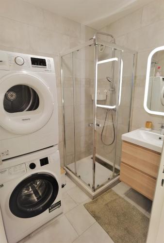une machine à laver et une douche dans une salle de bain dans l'établissement Havre de paix moderne et spacieux, Évry-Courcouronnes