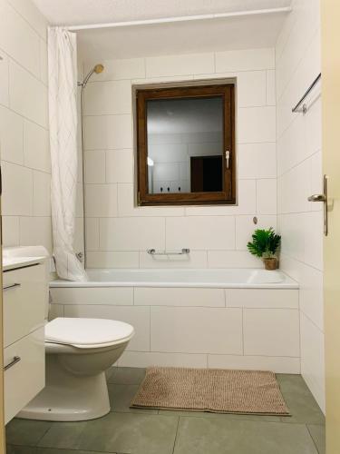 a bathroom with a tub and a toilet and a mirror at Breathtaking Waterfall Apartment nr 3 in Lauterbrunnen