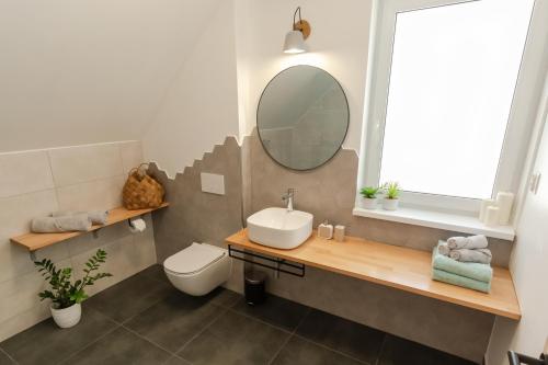 a bathroom with a sink and a toilet and a mirror at Chalet Pølarka in Demanovska Dolina