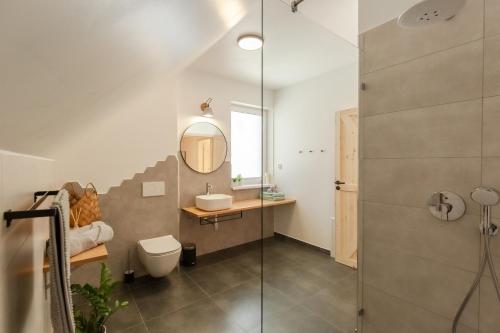 ein Badezimmer mit einem Waschbecken, einem WC und einem Spiegel in der Unterkunft Chalet Pølarka in Demänovská Dolina
