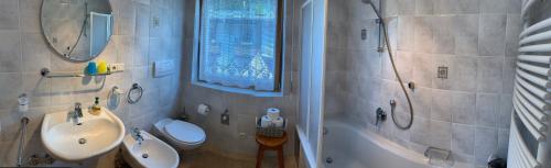 La salle de bains est pourvue d'un lavabo, de toilettes et d'une douche. dans l'établissement Haus Martina, à Sand in Taufers