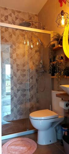 a bathroom with a toilet and a glass shower at Brīvdienu māja ar Saunu in Saulkrasti