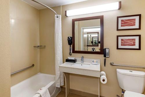 a bathroom with a sink and a tub and a toilet at Comfort Inn & Suites near Six Flags in Lithia Springs