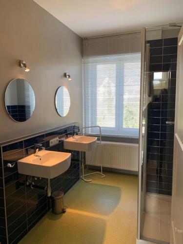 ニーウポールトにあるHoliday Home Weekendhuisjeのバスルーム(洗面台2台、鏡、シャワー付)