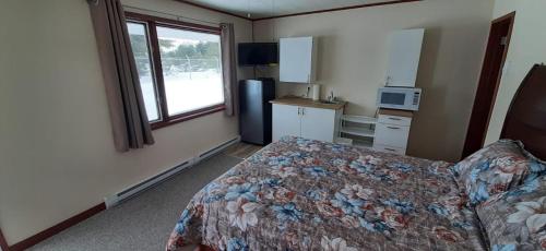 a bedroom with a bed and a kitchen and a window at Super Nights Inn in Sault Ste. Marie