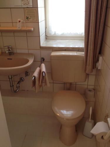 a bathroom with a toilet and a sink and a window at Tutzinger Hof in Tutzing