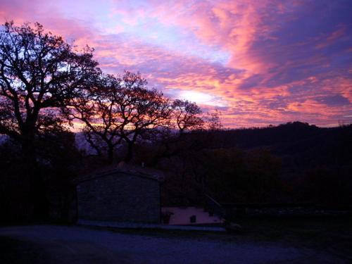a sunset with a building and trees in a field at All'Antico Silbule in Capolona