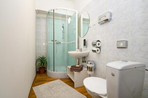 La salle de bains est pourvue de toilettes, d'un lavabo et d'un miroir. dans l'établissement Penzion Na Rychtě, à Malá Morávka