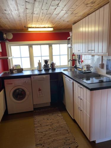 cocina con fregadero y lavadora en Olsbacka cottage en Falun