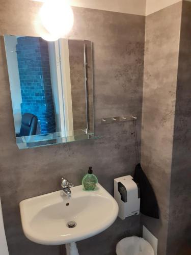 a bathroom with a sink and a mirror and a toilet at Hotell S:t Olof in Falköping