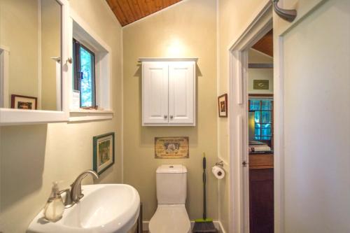 a bathroom with a white toilet and a sink at Guerneville Cottage! Redwoods! Hot Tub! Fire Table! Fast WiFi!! Serenity Defined! in Guerneville