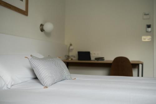 a bed with a pillow and a desk in a room at HOTEL ORDIZIA in Villafranca de Ordizia