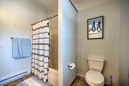 a bathroom with a toilet and a shower at Stylish Mountain Escape with Hot Tub, 3 Miles to Ski in Windham