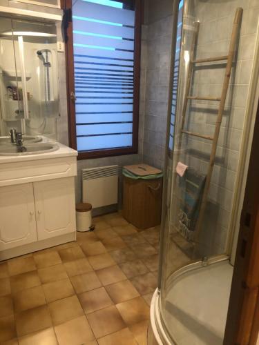 une salle de bain avec douche et lavabo dans l'établissement La Parenthèse - maison Tréportaise avec cour fermée, au Tréport