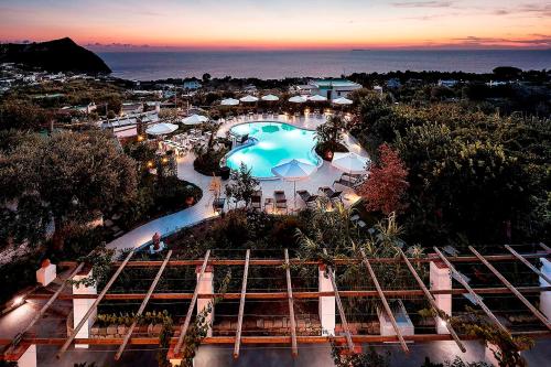 uma vista superior de uma piscina num resort em Tenuta Del Poggio Antico em Ischia