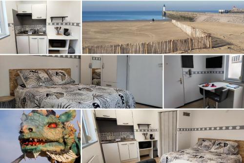 un collage de photos d'une chambre avec un lit et une plage dans l'établissement Studio éco proche du phare, à Calais