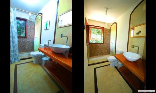 two pictures of a bathroom with two sinks and mirrors at Casa Vista al Mar in Morro de São Paulo