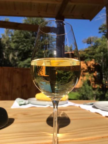 a glass of white wine sitting on a table at Kingfisher de los Andes in Villa Meliquina