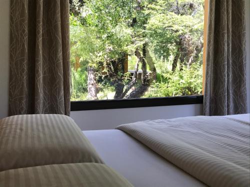 a bedroom with a bed and a large window at Kingfisher de los Andes in Villa Meliquina