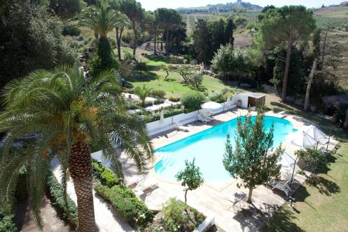 an overhead view of a swimming pool with a palm tree at Agriturismo Baglio Fontana in Buseto Palizzolo
